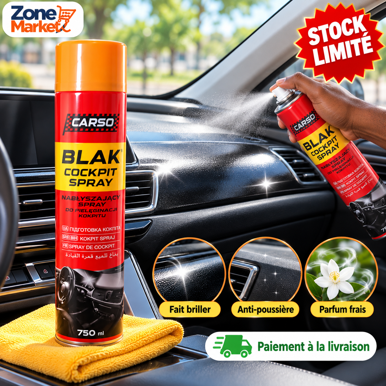 CARSO Blak Cockpit Spray (750 ml) Le Rénovateur Ultime pour l'Intérieur de Votre Voiture