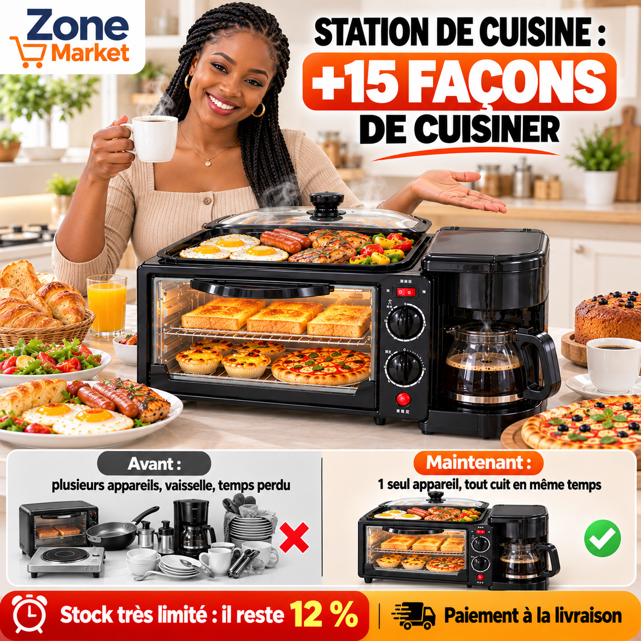 ☕ Machine Petit-Déjeuner 3 en 1 : Four + Plaque de Cuisson + Cafetière, tout dans un seul appareil !