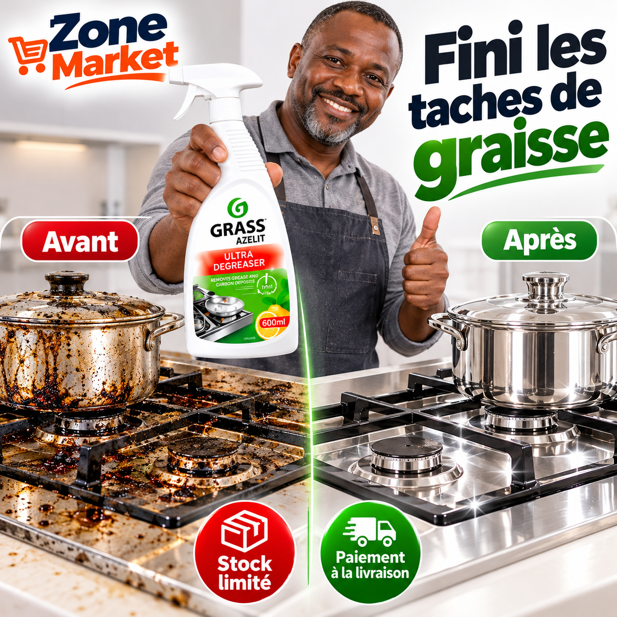 Le gel qui nettoie et dégraisse la Cuisine en Spray, Efficace en 1 Minute