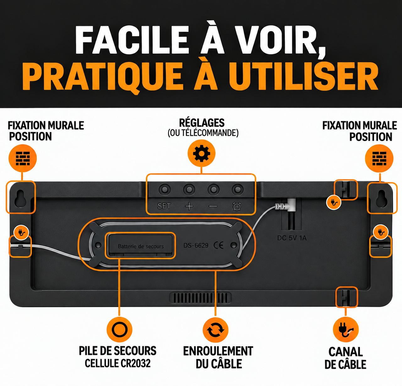 ⏰ Horloge Murale LED Géante SM-601 : L'heure, la date et la température, visibles de partout !