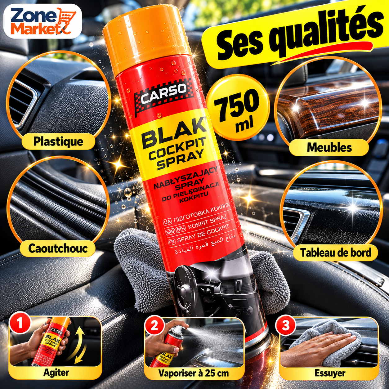 CARSO Blak Cockpit Spray (750 ml) Le Rénovateur Ultime pour l'Intérieur de Votre Voiture