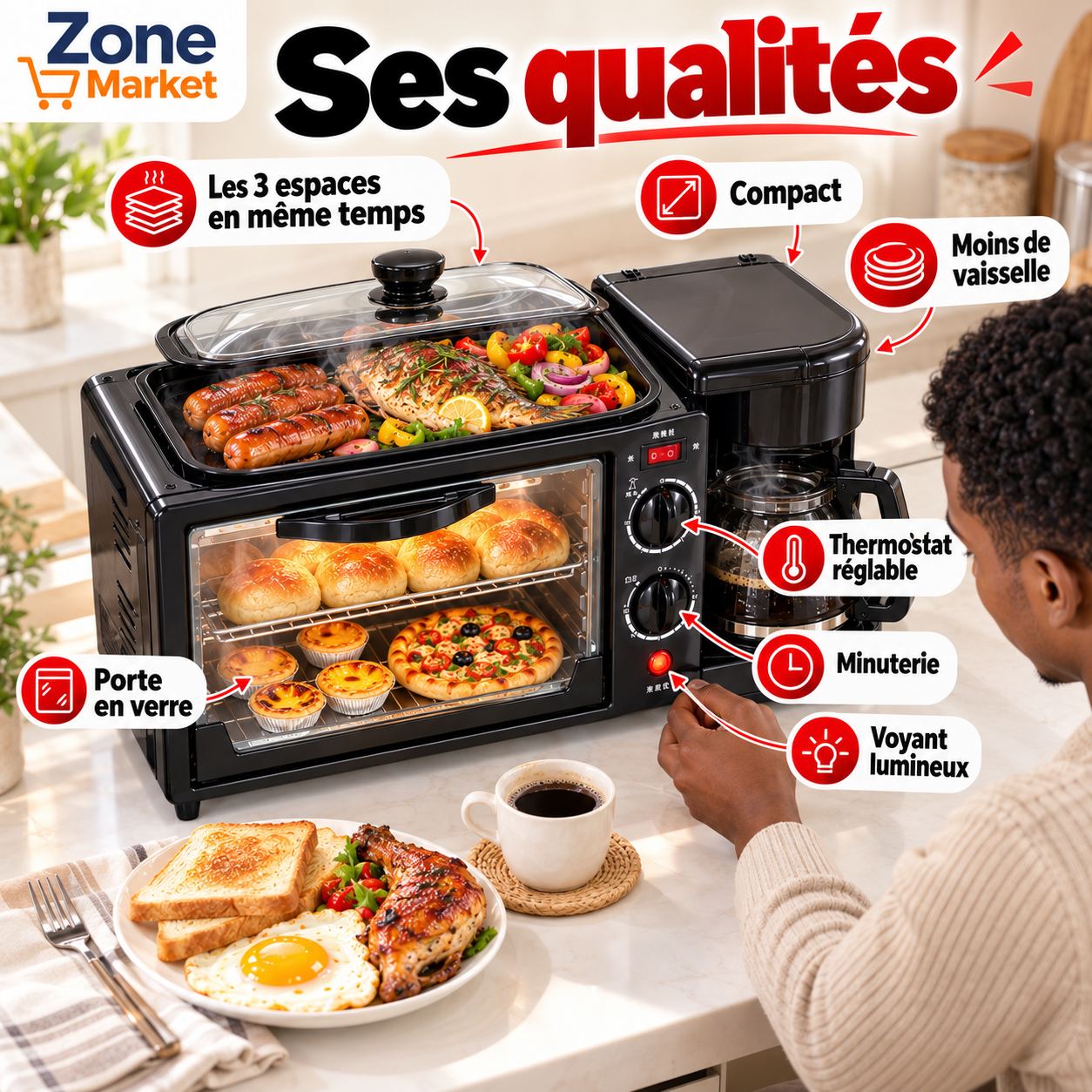☕ Machine Petit-Déjeuner 3 en 1 : Four + Plaque de Cuisson + Cafetière, tout dans un seul appareil !