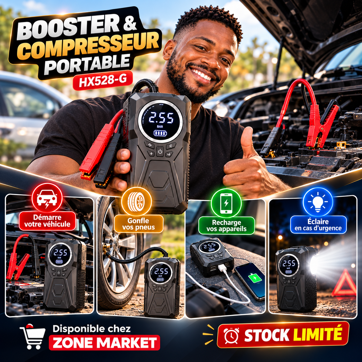 Booster de Batterie & Gonfleur Intelligent 2-en-1 – Le Sauveur des Chauffeurs Guinéens
