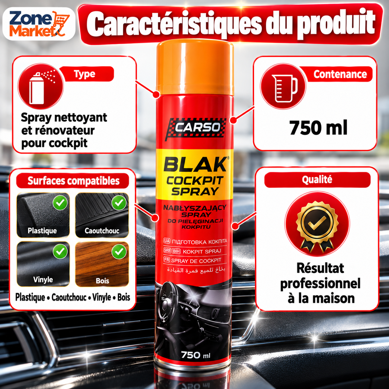 CARSO Blak Cockpit Spray (750 ml) Le Rénovateur Ultime pour l'Intérieur de Votre Voiture
