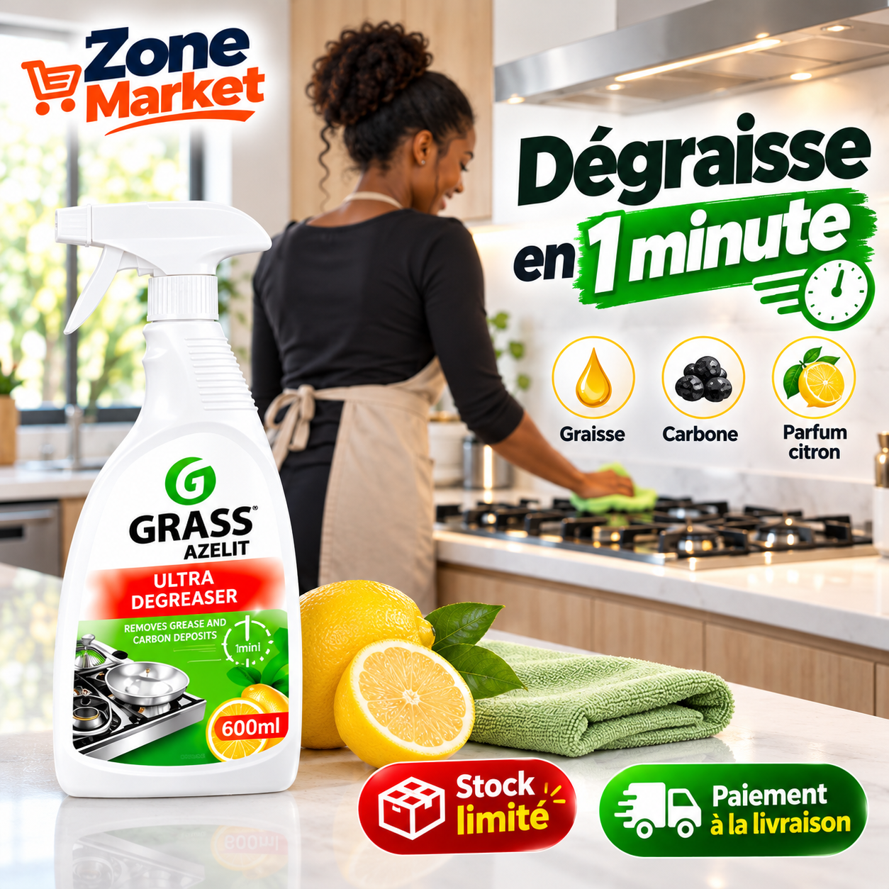 Le gel qui nettoie et dégraisse la Cuisine en Spray, Efficace en 1 Minute