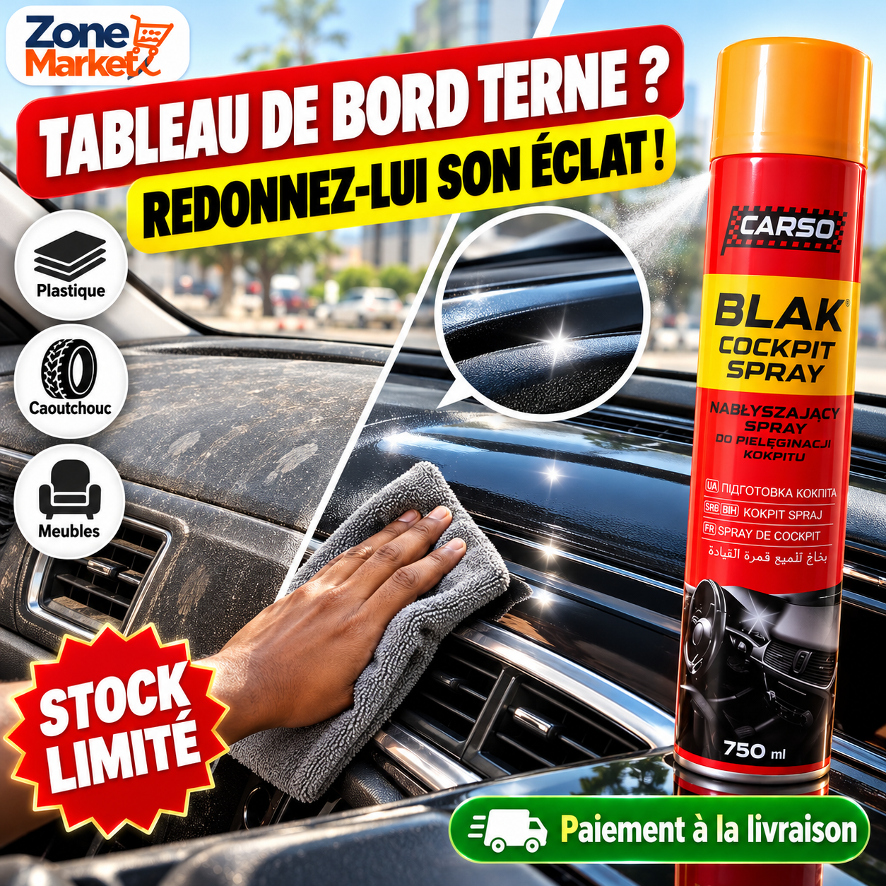CARSO Blak Cockpit Spray (750 ml) Le Rénovateur Ultime pour l'Intérieur de Votre Voiture