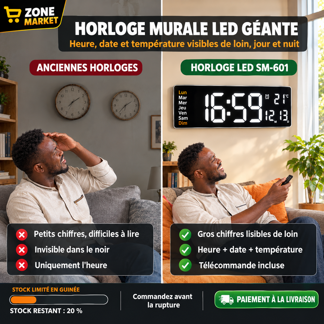 ⏰ Horloge Murale LED Géante SM-601 : L'heure, la date et la température, visibles de partout !