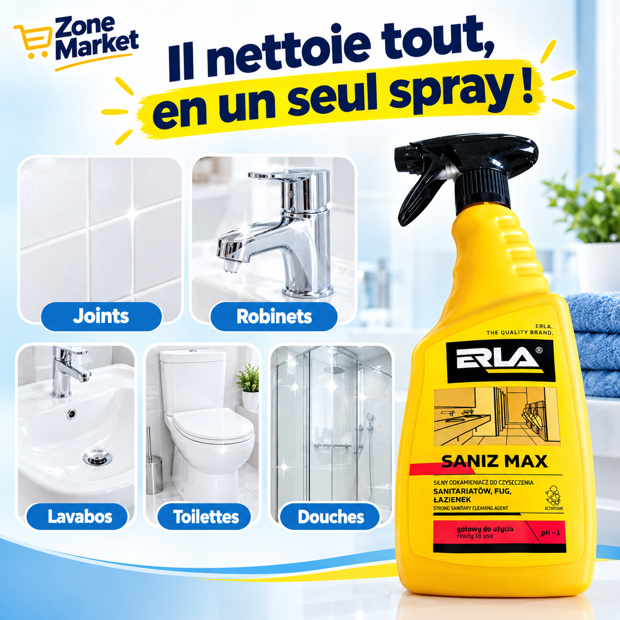 ERLA SANIZ MAX – Détartrant et Nettoyant Sanitaire Puissant (Prêt à l'emploi)