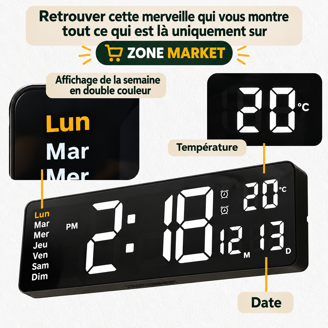 ⏰ Horloge Murale LED Géante SM-601 : L'heure, la date et la température, visibles de partout !