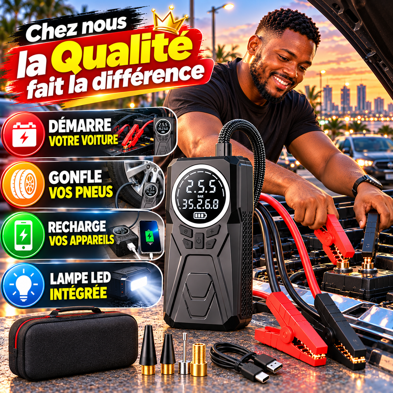 Booster de Batterie & Gonfleur Intelligent 2-en-1 – Le Sauveur des Chauffeurs Guinéens