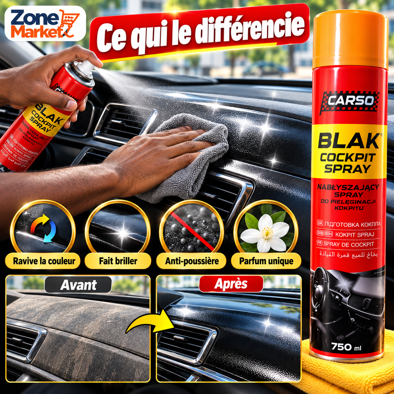 CARSO Blak Cockpit Spray (750 ml) Le Rénovateur Ultime pour l'Intérieur de Votre Voiture
