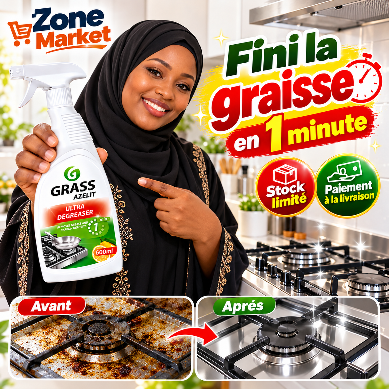 Le gel qui nettoie et dégraisse la Cuisine en Spray, Efficace en 1 Minute