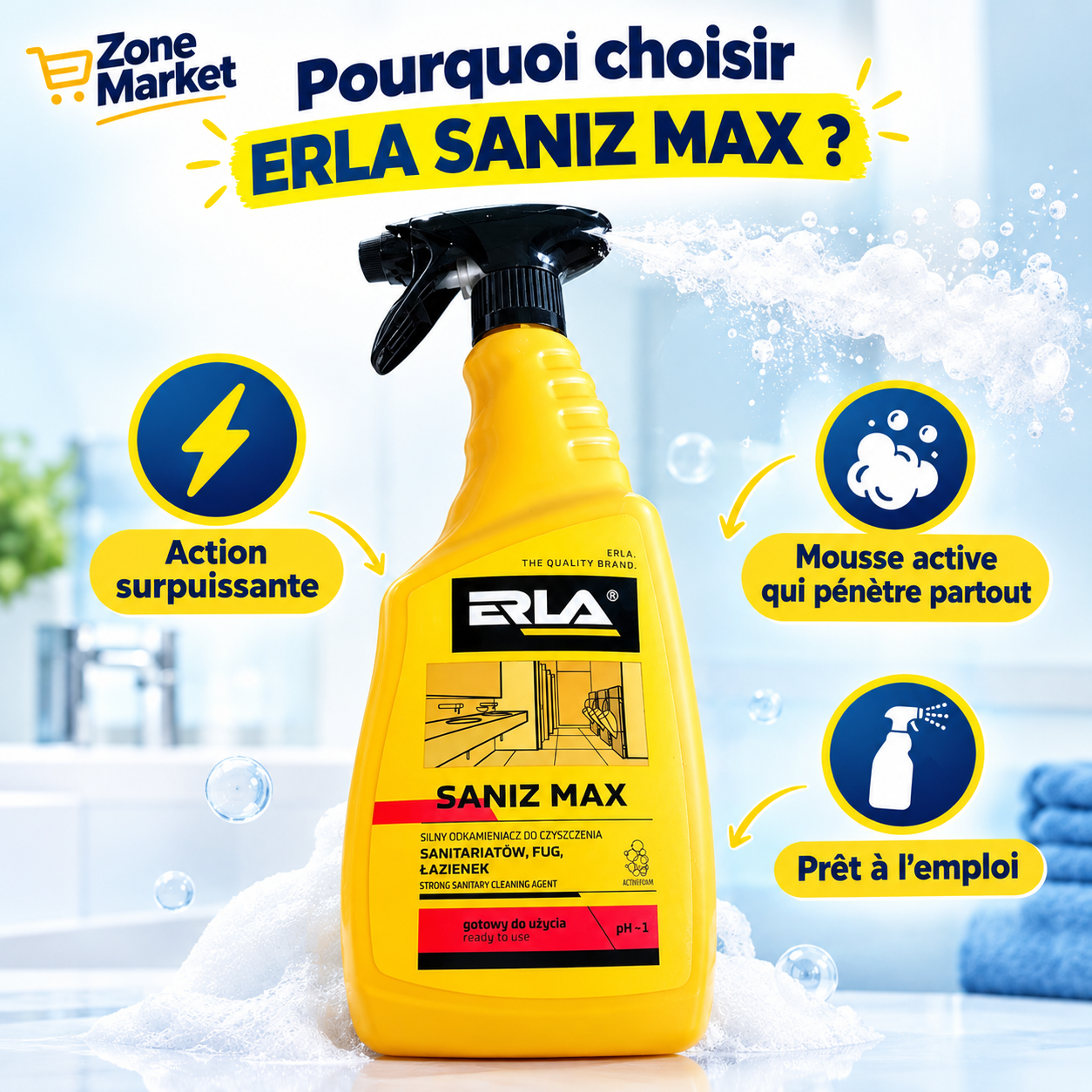 ERLA SANIZ MAX – Détartrant et Nettoyant Sanitaire Puissant (Prêt à l'emploi)