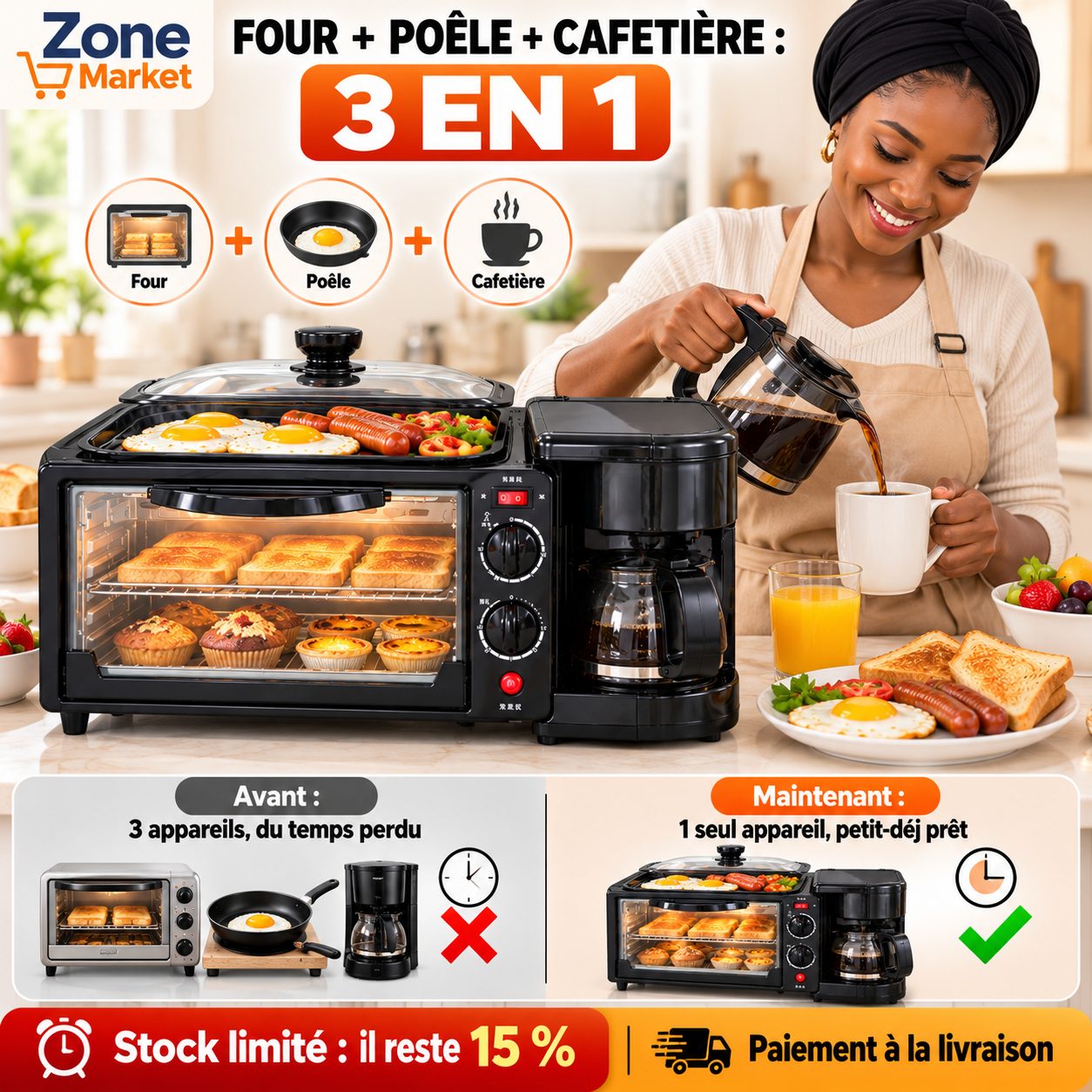 ☕ Machine Petit-Déjeuner 3 en 1 : Four + Plaque de Cuisson + Cafetière, tout dans un seul appareil !