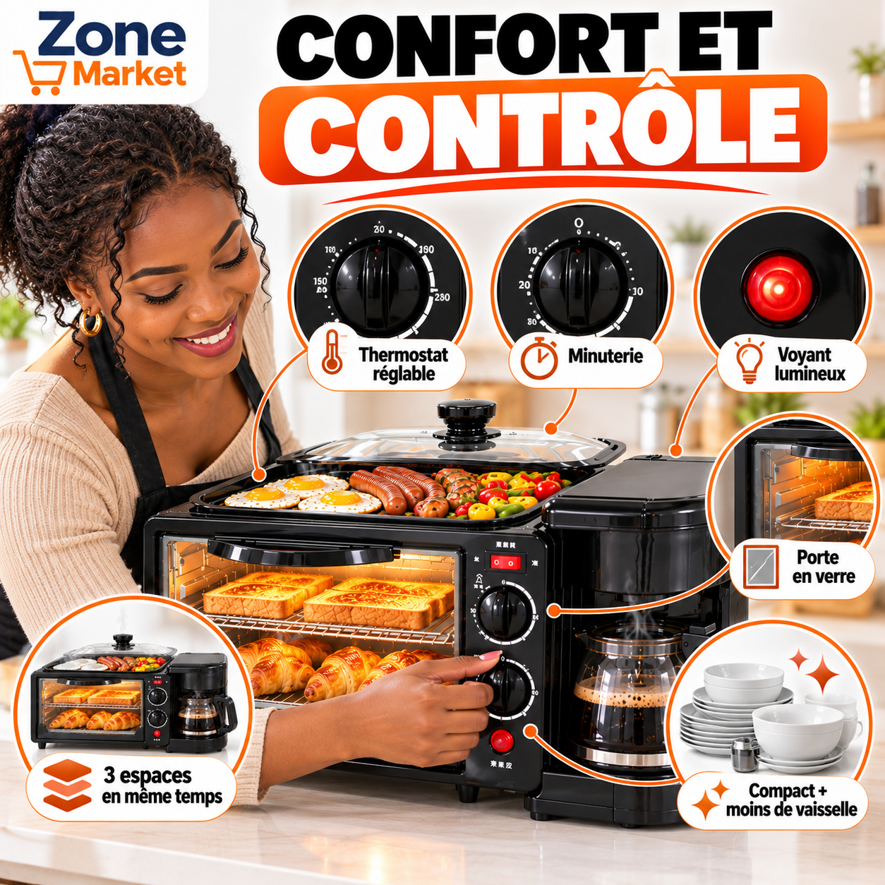 ☕ Machine Petit-Déjeuner 3 en 1 : Four + Plaque de Cuisson + Cafetière, tout dans un seul appareil !