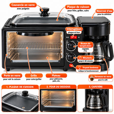 ☕ Machine Petit-Déjeuner 3 en 1 : Four + Plaque de Cuisson + Cafetière, tout dans un seul appareil !