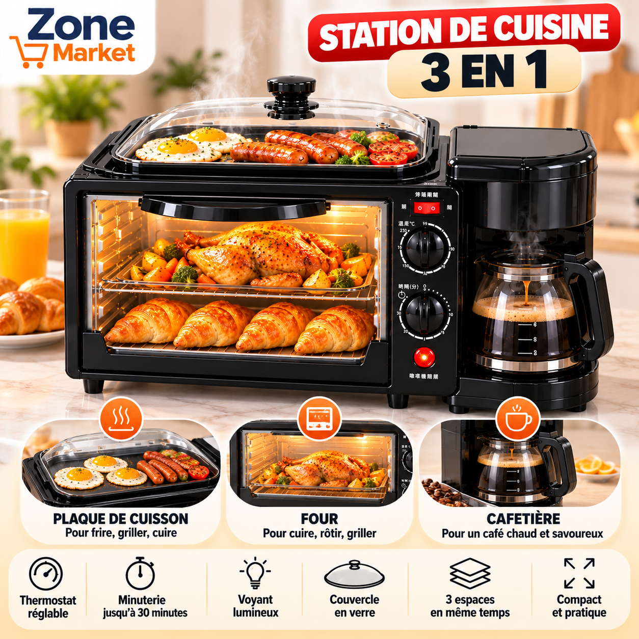 ☕ Machine Petit-Déjeuner 3 en 1 : Four + Plaque de Cuisson + Cafetière, tout dans un seul appareil !